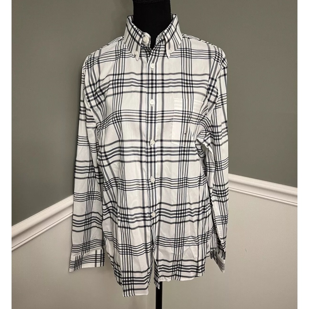 Express Men's Striped Medium Navy, Beige And White Button Up Long Sleeve Shirt